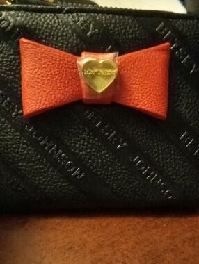 Betsey Johnson Black Textured Wallet with Red Bow & Gold Heart Accent